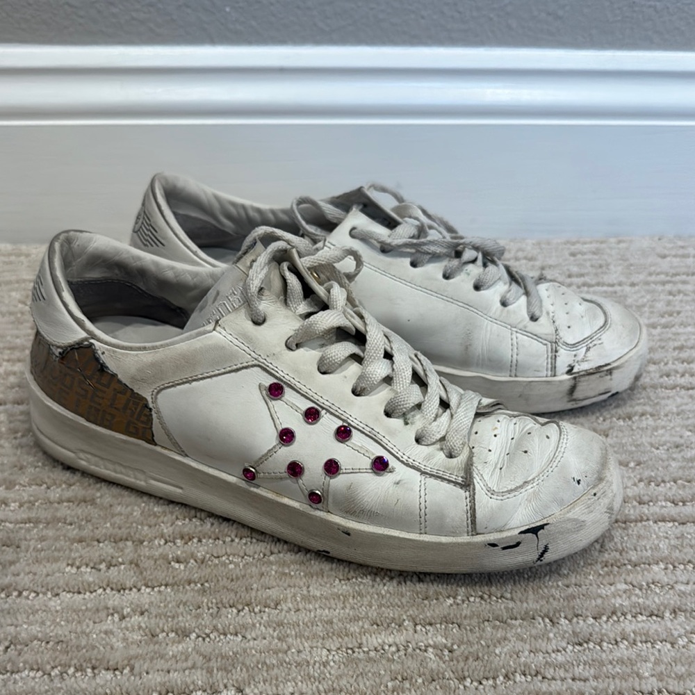 Golden Goose White and Brown Sneakers with Pink Star